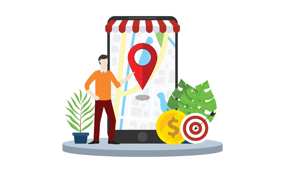 local seo market strategy business search engine optimization with business man stand in front of mobile smartphone with maps online - vector