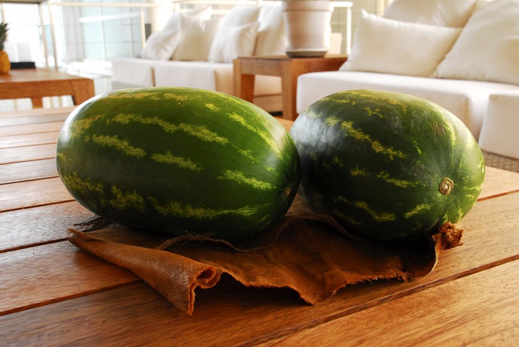 A imagem mostra duas grandes melancias sobre uma mesa de madeira. As melancias têm uma coloração verde-escura com listras mais claras.